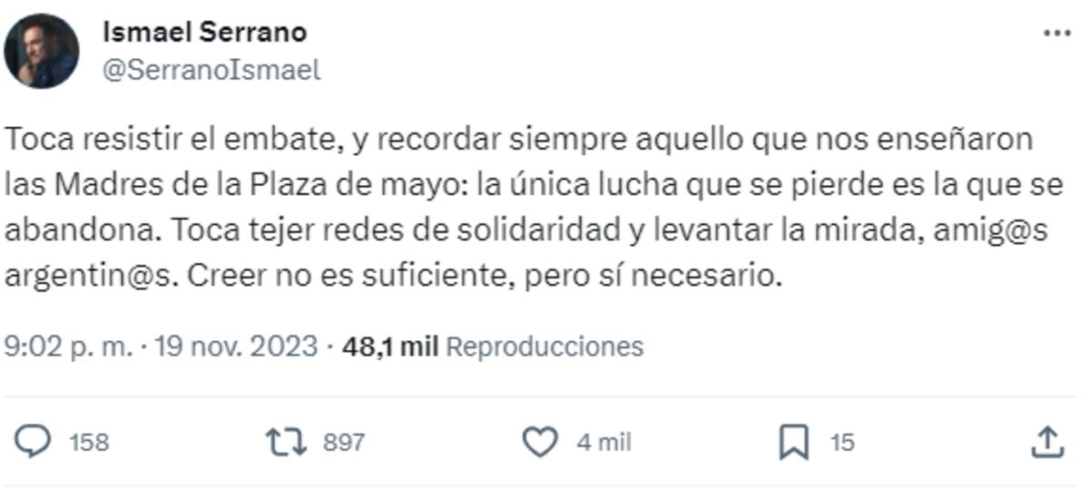 Ismael Serrano se expresó en Twitter luego del balotaje 2023.