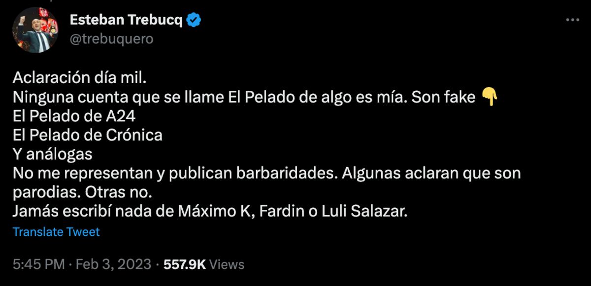 La aclaración de Esteban Trebucq respecto a las cuentas fake que circulan con su nombre. (Foto: Captura de pantalla)