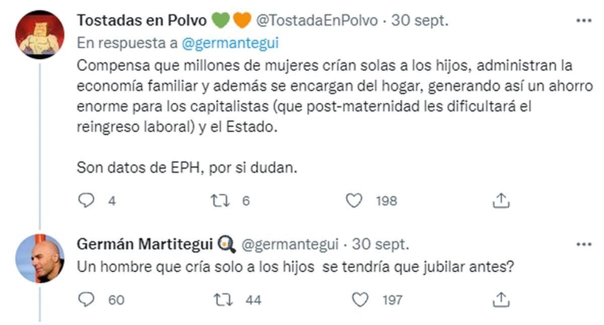 Germán Martitegui generó polémica en Twitter al preguntarse porqué las mujeres se jubilan antes que los hombres