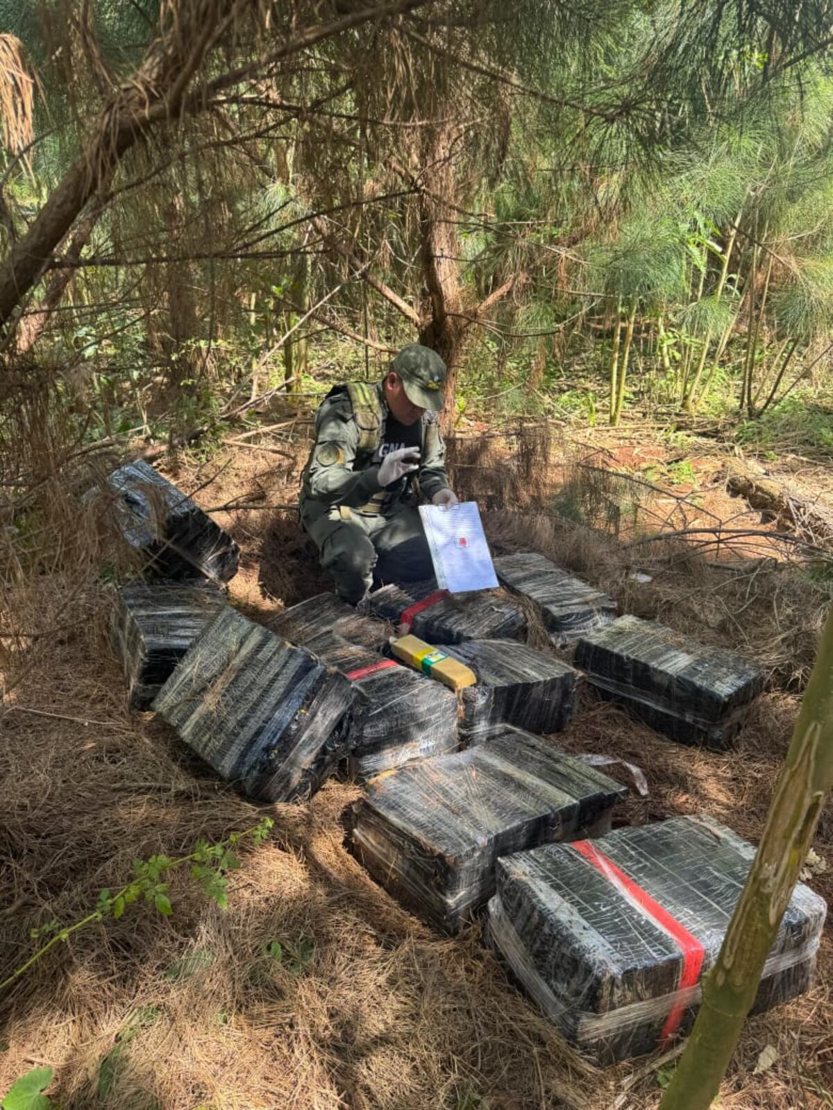 Los 18 bultos con 657 "ladrillos" secuestrados por Gendarmería Nacional en Misiones.