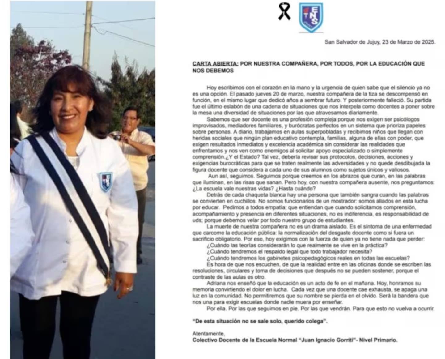 La docente jujeña falleció mientras se encontraba en una reunión de padres dentro de la escuela.
