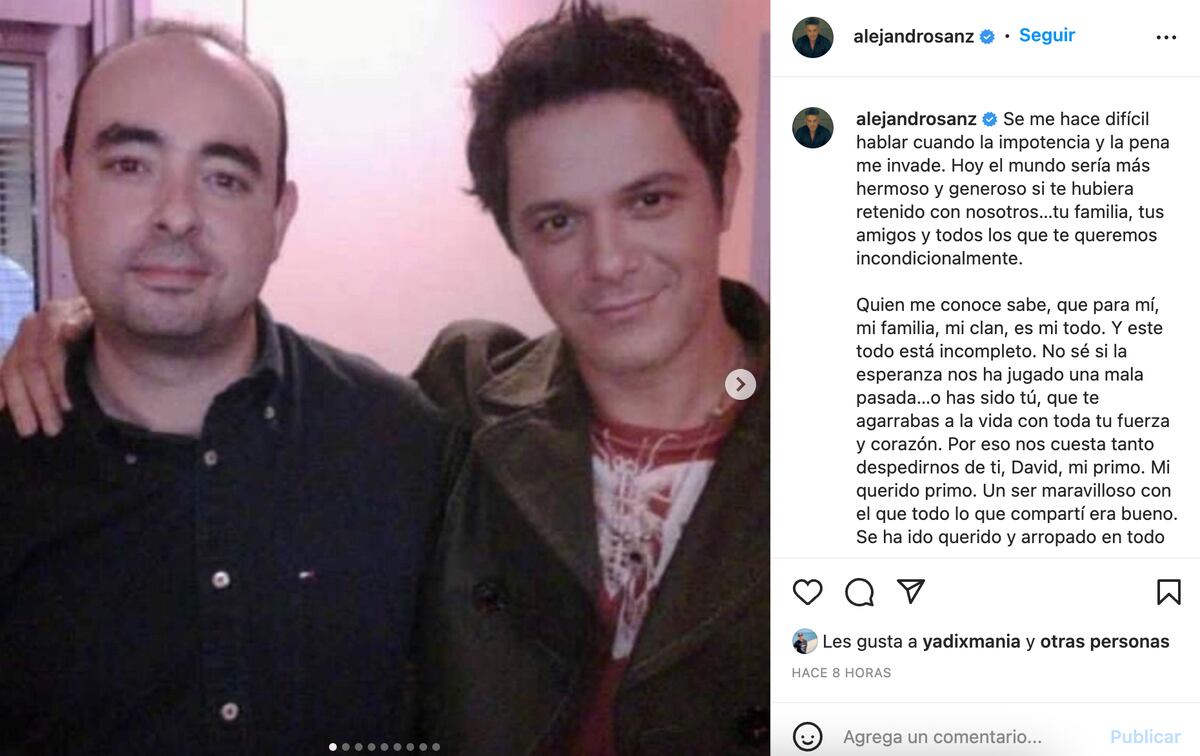 El mensaje en Instagram de Alejandro Sanz anunciando el fallecimiento de su primo David