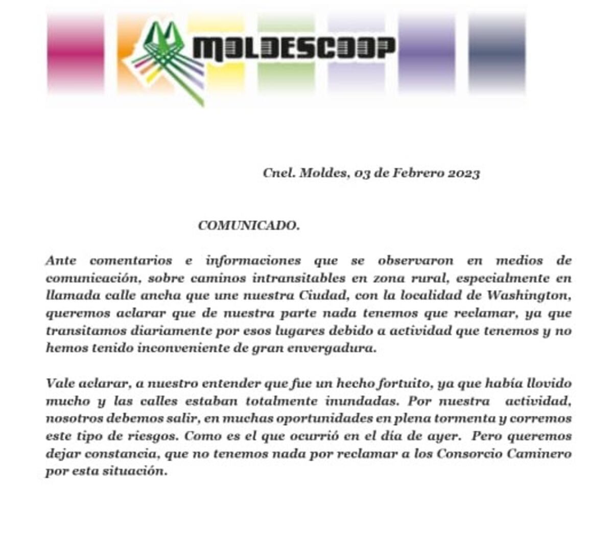 El comunicado de la Cooperativa.