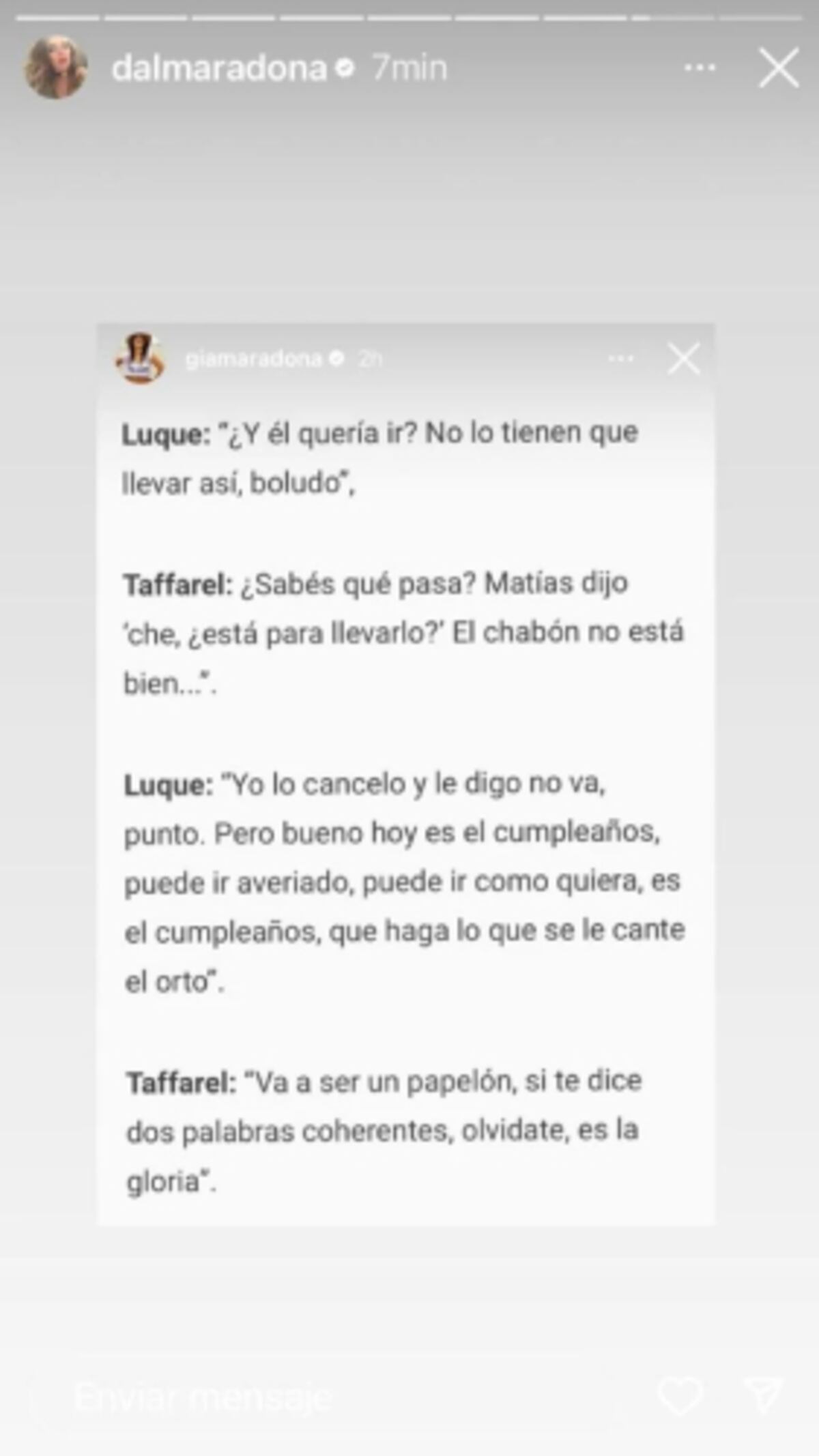 Dalma Maradona y su descargo en redes. (Captura de Instagram)