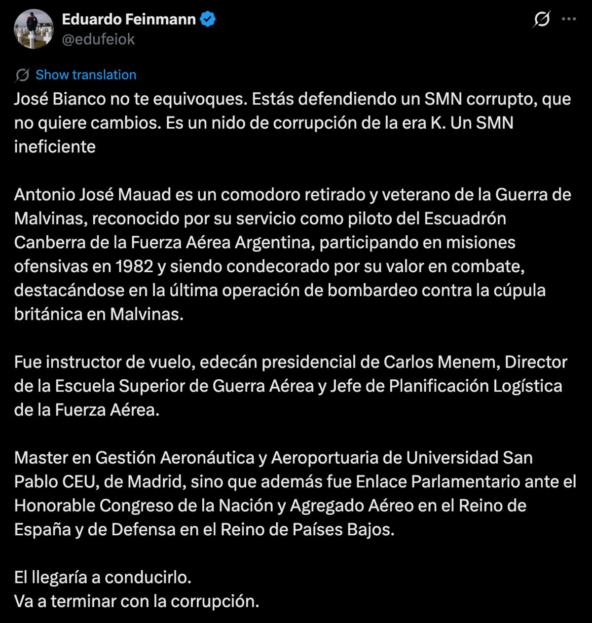 El mensaje de Eduardo Feinmann a José Bianco. (Foto: Captura de pantalla de X)