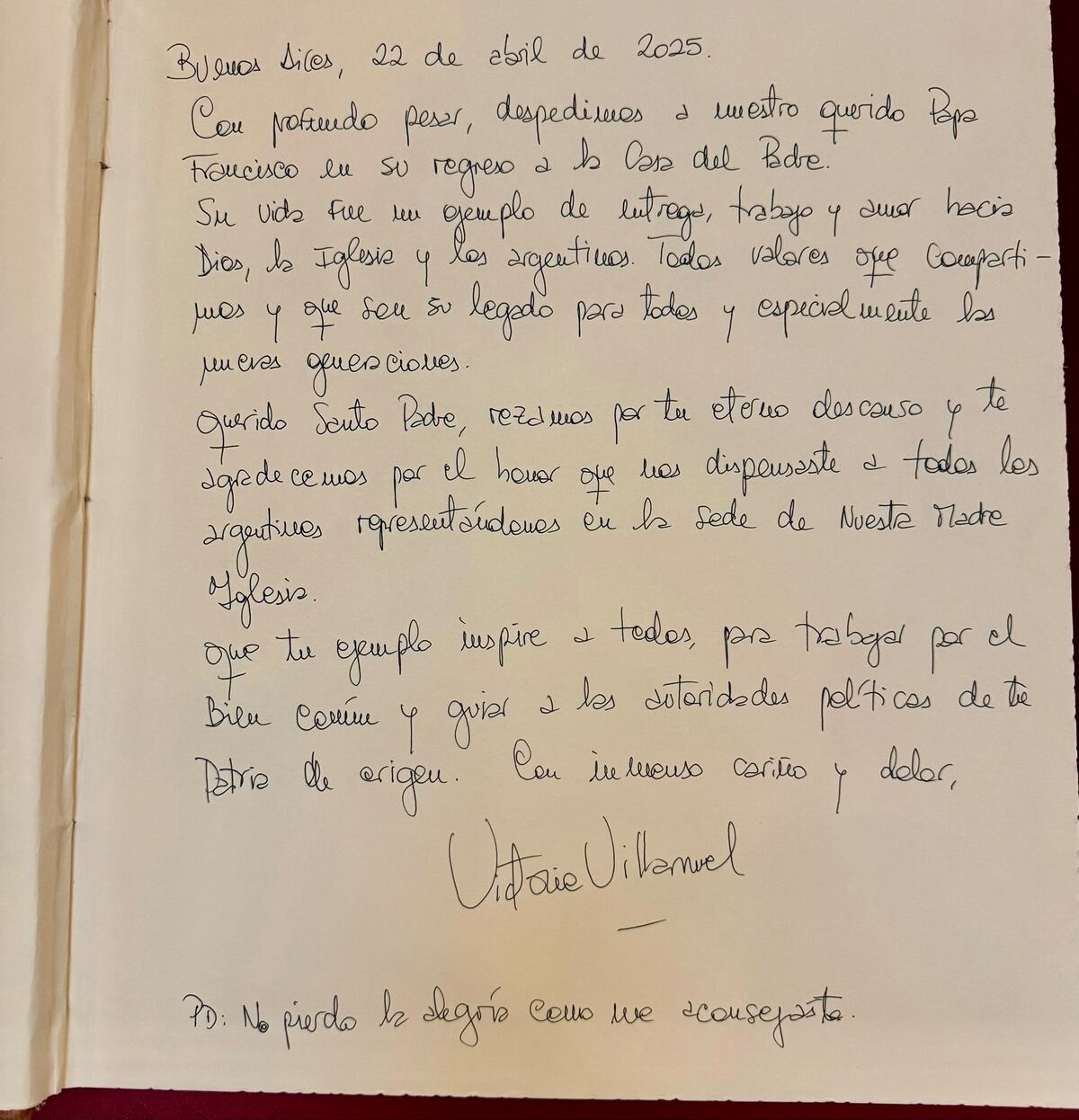 El mensaje de despedida de Villarruel al papa Francisco. (X)