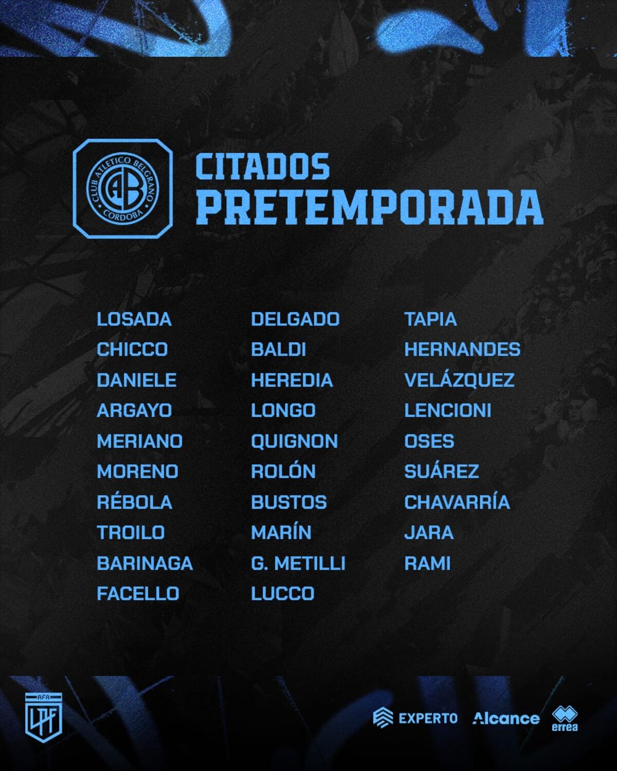 Los citados por Juan Cruz Real en Belgrano para realizar la pretemporada. (Prensa CAB)