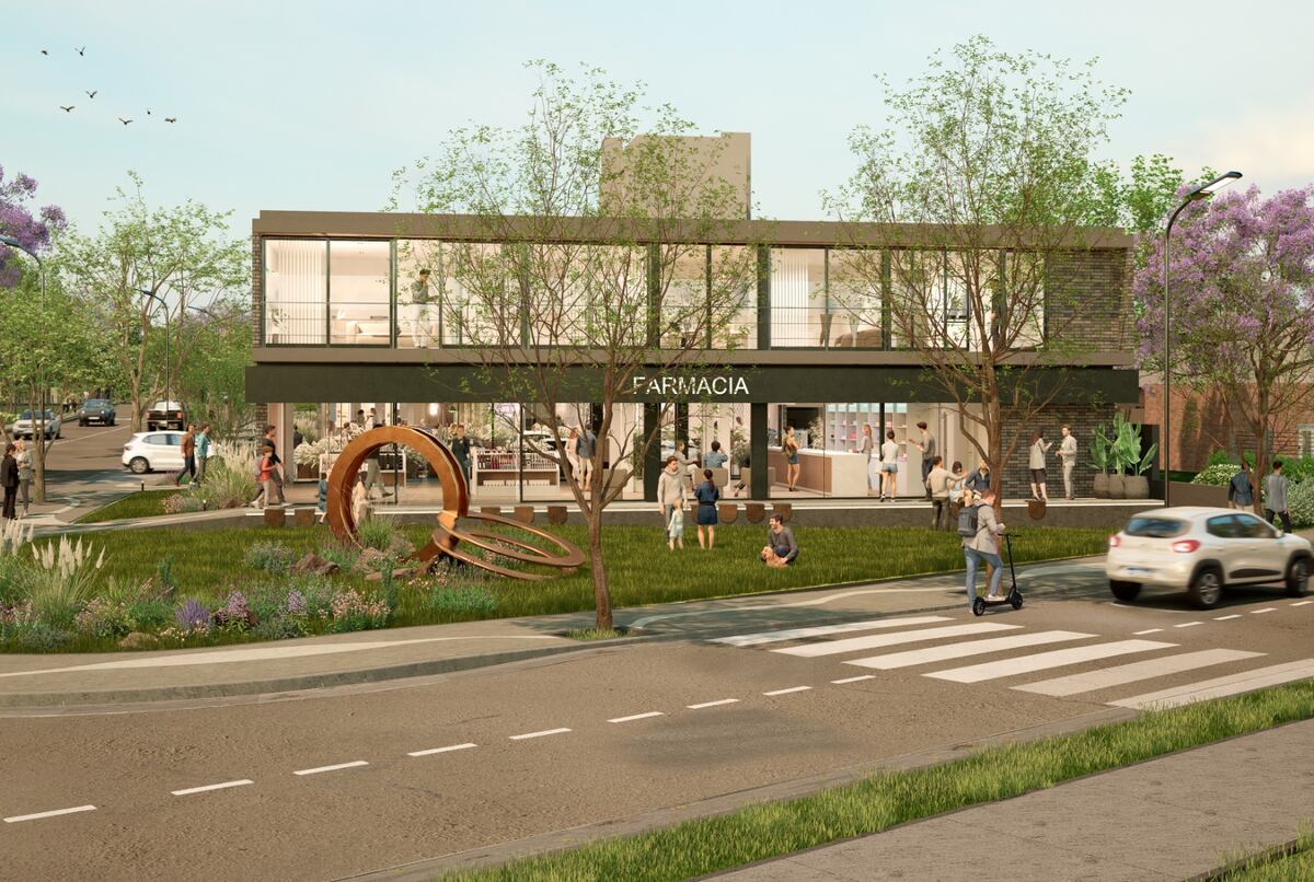 FACHADA. El "render" de Costas Studio, el nuevo proyecto comercial y corporativo de Edisur en Manantiales. (Gentileza Edisur)