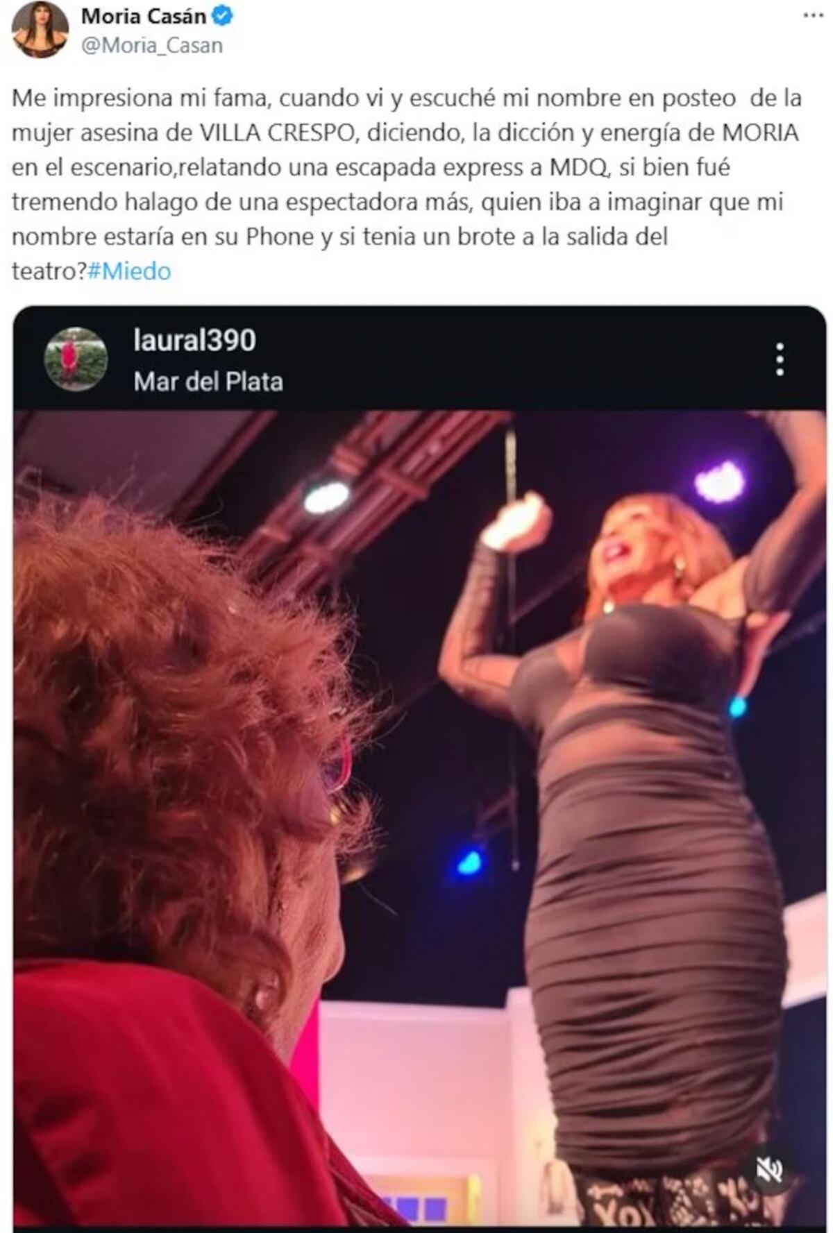 La reacción de Moria Casán a la publicación de Laura Leguizamón sobre su persona. (Foto: Captura de pantalla)