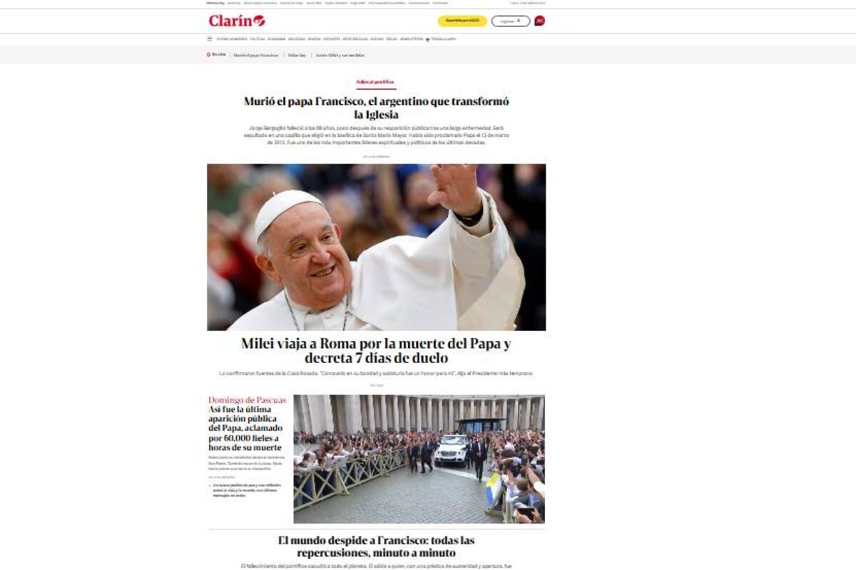 Clarín. Los portales del mundo se hicieron eco de la muerte del Papa Francisco.