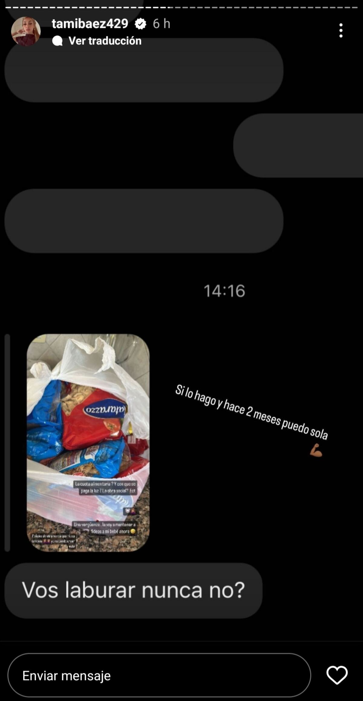 Tamara Báez apuntó contra L-Gante en sus historias. (Instagram @tamibaez429)