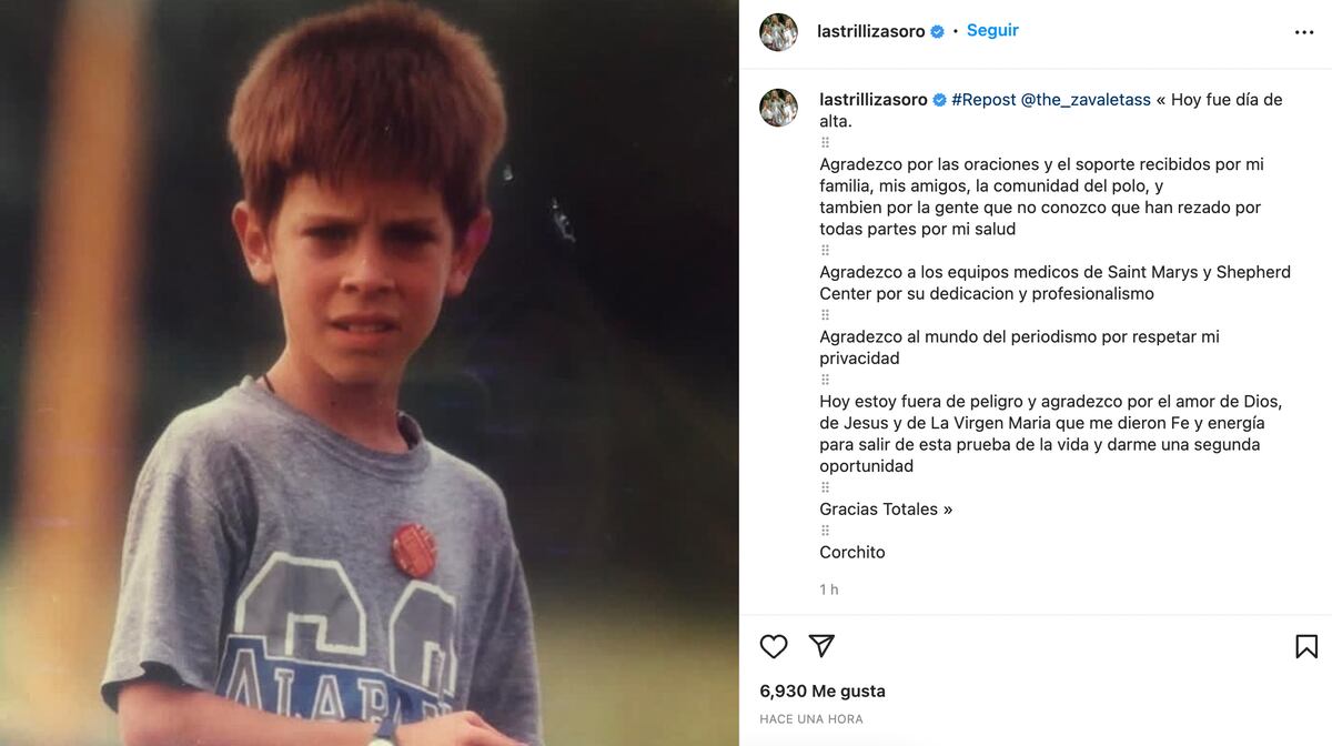 La publicación que Corchito Zavaleta escribió al haber sido dado de alta.