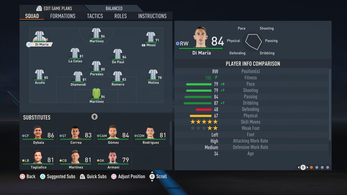 Capturas de imagen de la representación de los jugadores del seleccionado argentino en el videojuego Fifa 23.