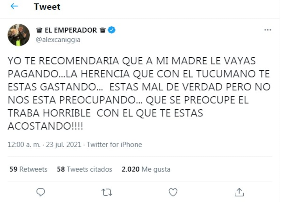 El fuerte tuit de Alex Caniggia contra su padre. (Twitter @alexcaniggia)