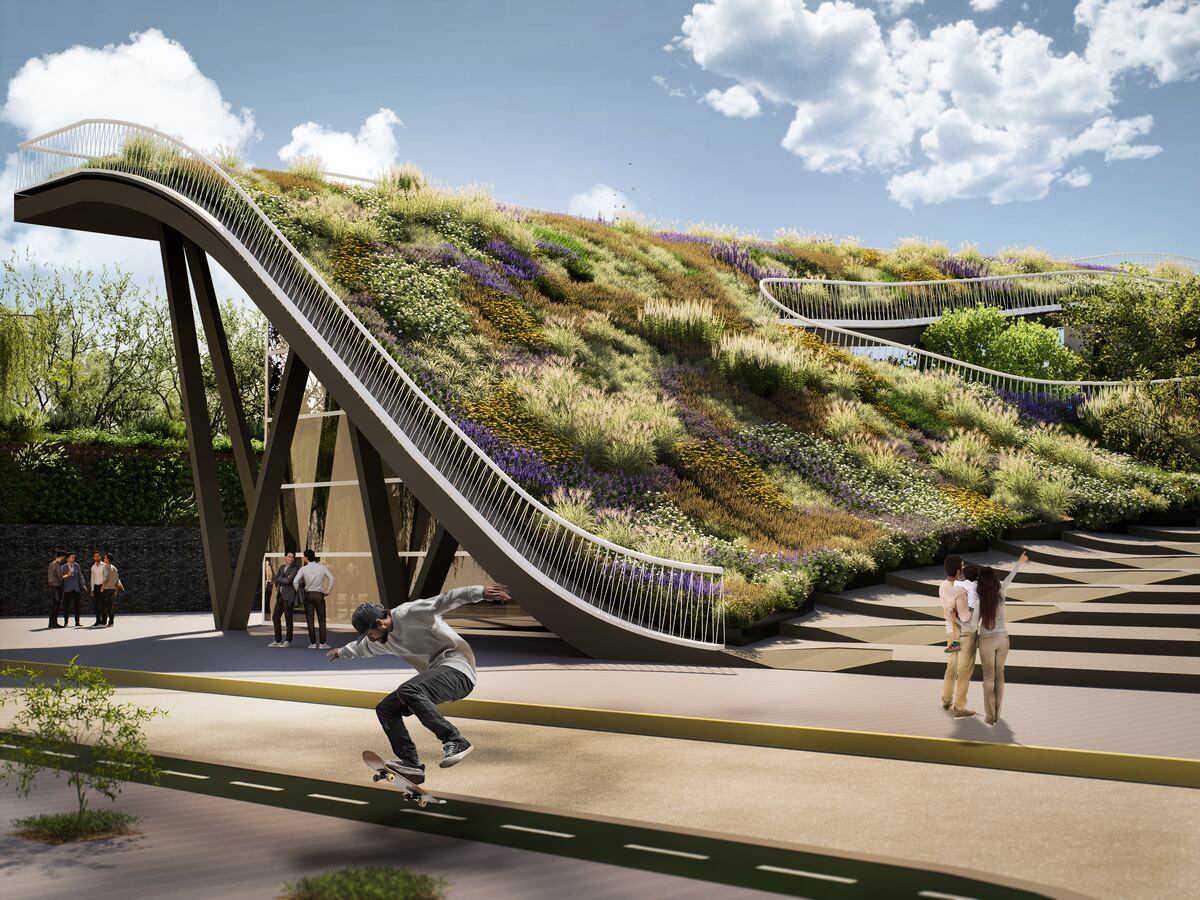 El nuevo diseño transforma la antigua plaza seca en una plaza verde con senderos y miradores, conectada visualmente con el Rosedal y los museos Caraffa e Illia. (Render Gobierno de Córdoba)