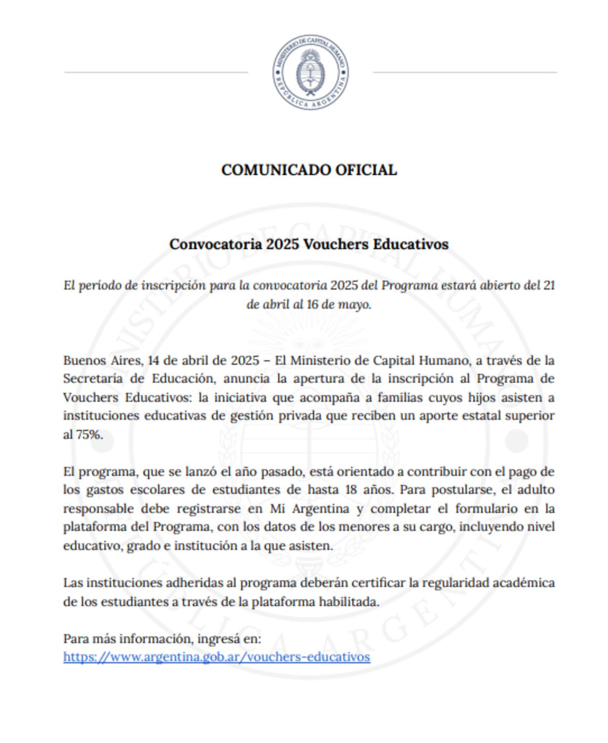 El Gobierno abrió la inscripción para los vouchers educativos 2025: cómo acceder al programa. (Ministerio de Capital Humano)