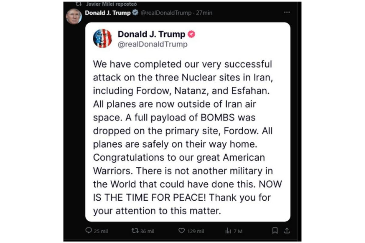 El reposteo de Milei al mensaje de Donald Trump tras el ataque.