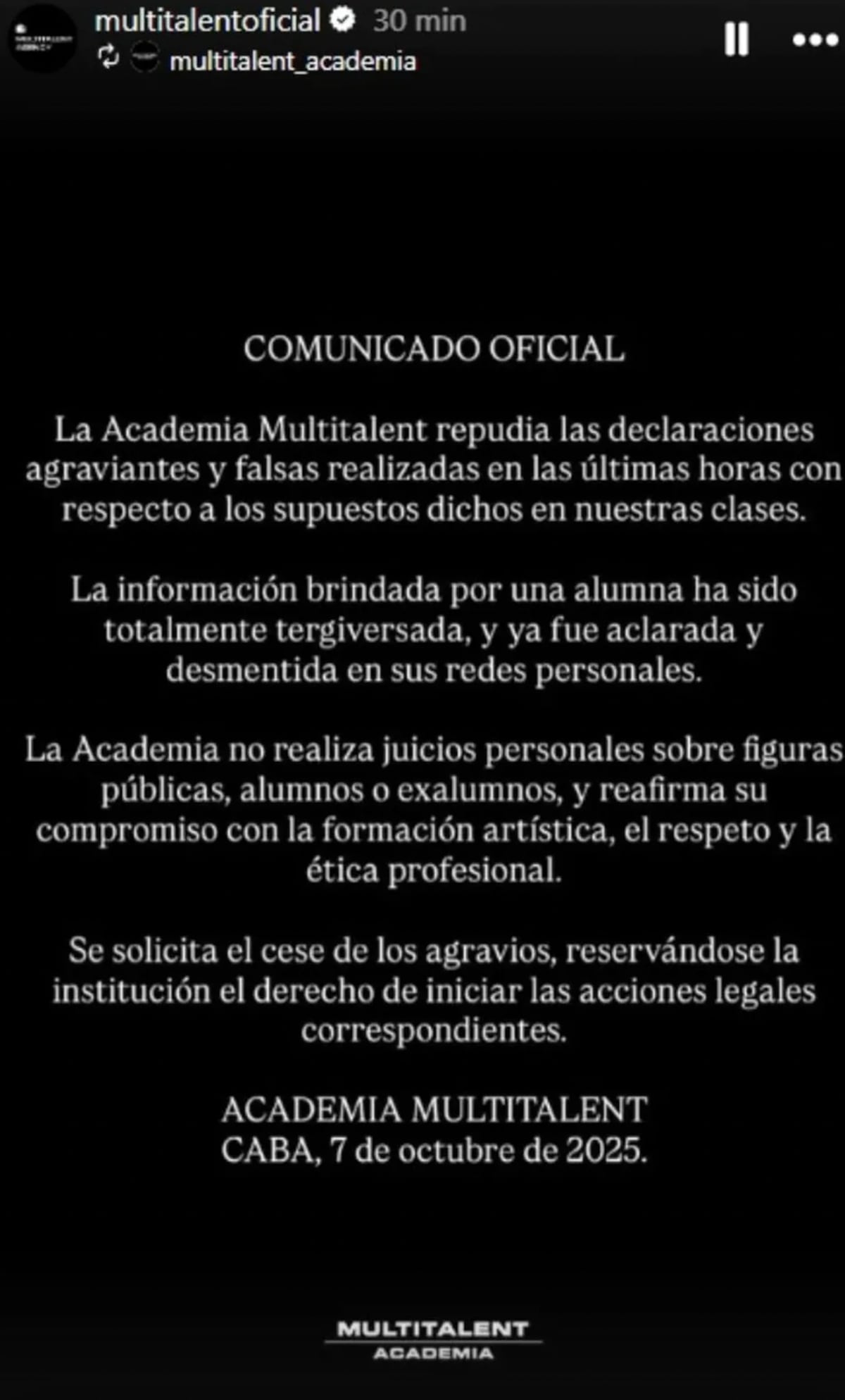 El descargo de Multitalent después de la polémica desatada por los dichos de Luciana Martínez. (Foto: Captura de pantalla)