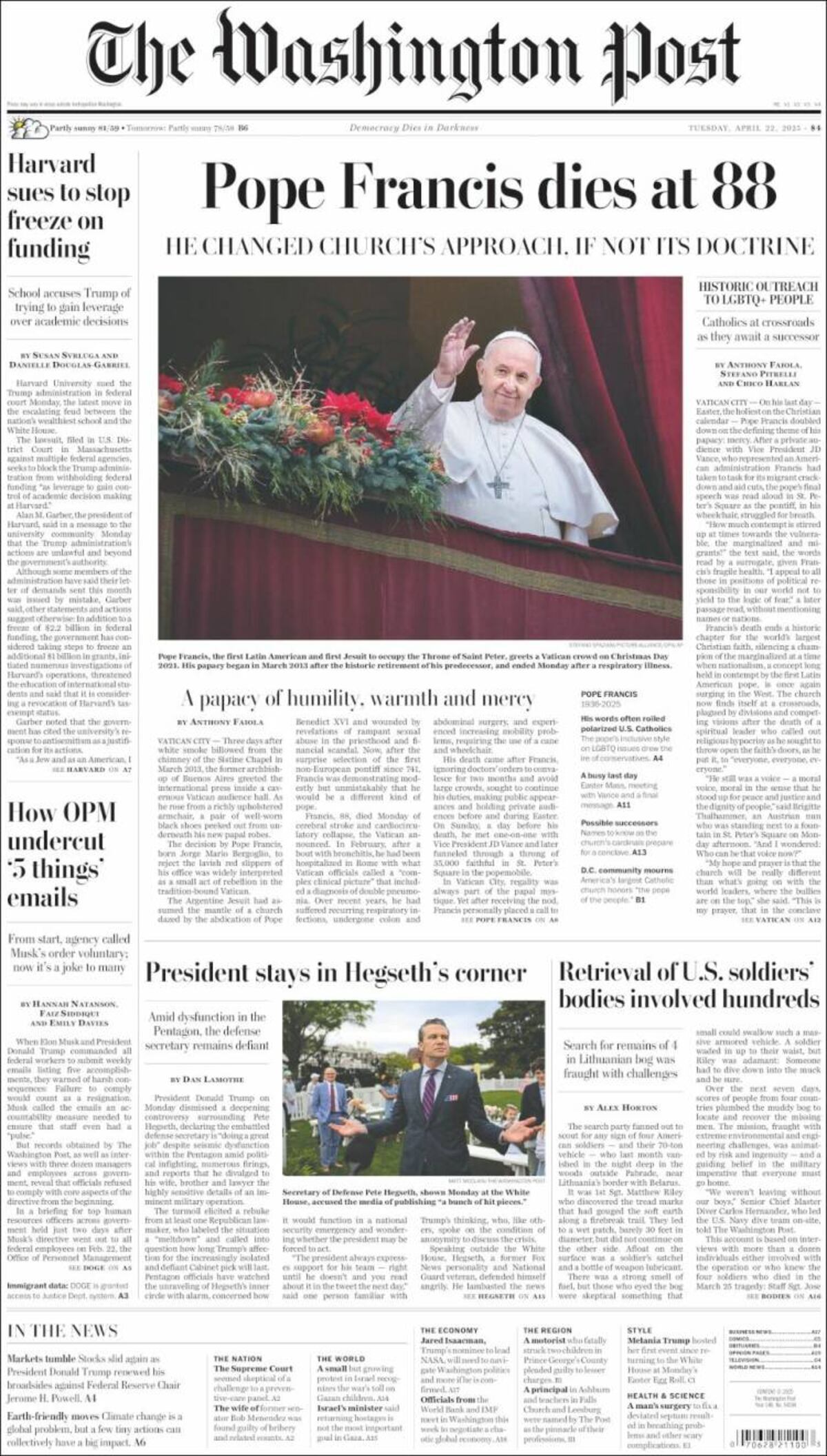 Las tapas de los diarios de Argentina y el mundo por la muerte del papa Francisco.