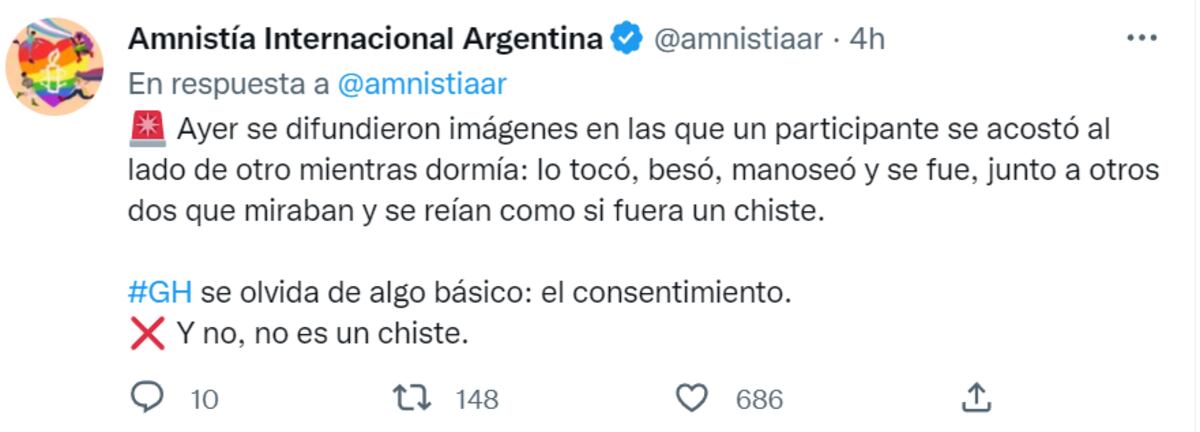 Amnistía Internacional apuntó contra lo que pasó en "Gran hermano". (Twitter @amnistiaar)