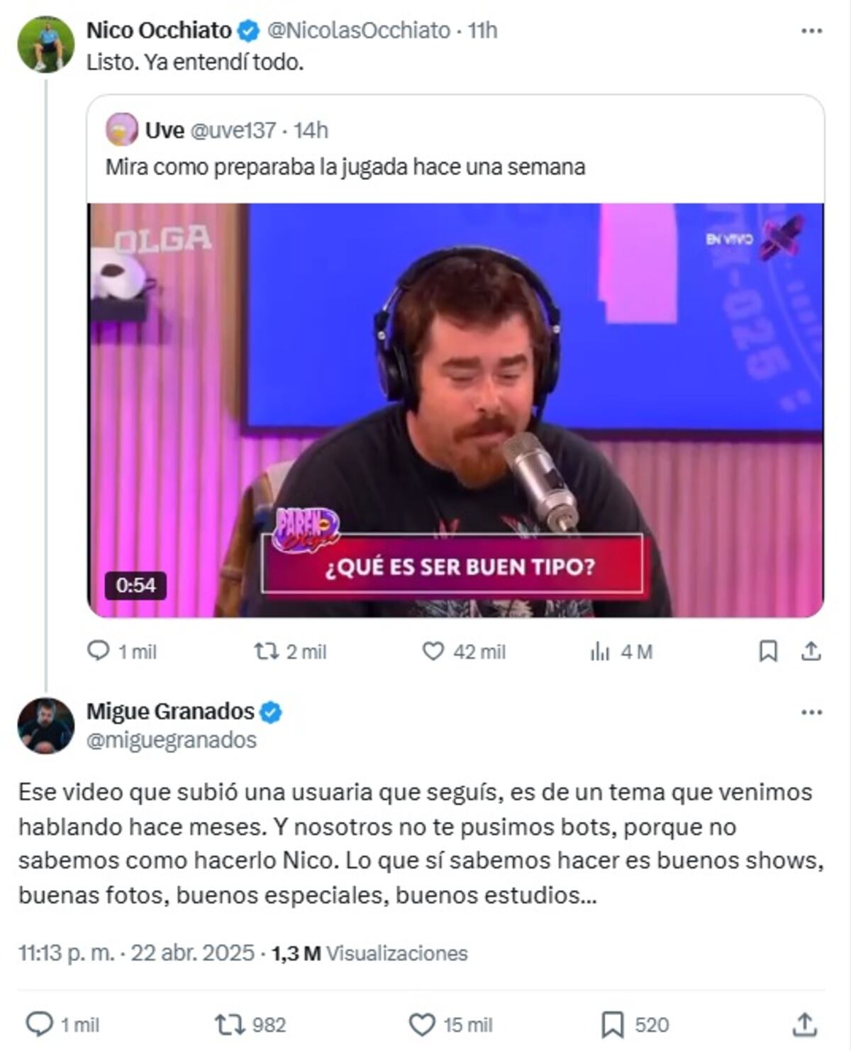 Nico Occhiato y Migue Granados se cruzaron en redes tras los bots que inflaron los números de Luzu (Captura de pantalla)