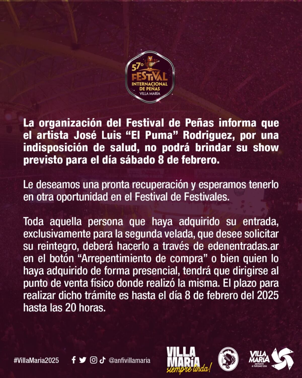 El Festival de Villa María anunció que "el Puma" Rodríguez no estará el sábado como estaba previsto.