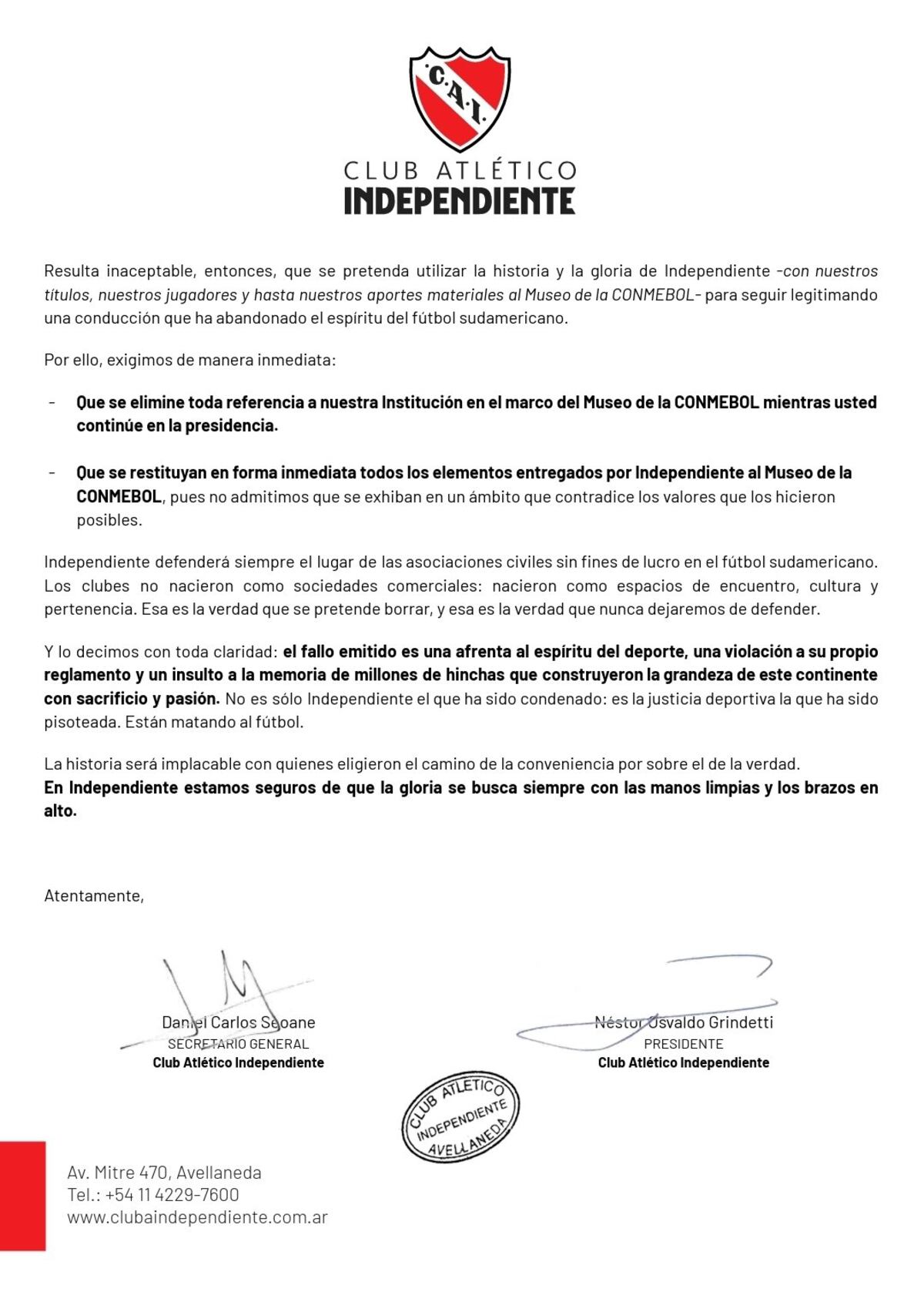 Durísimo comunicado de Independiente.
