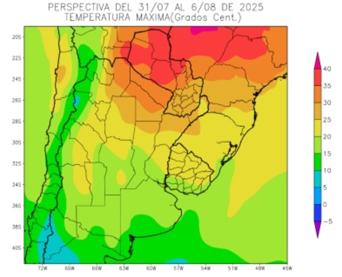 Temperatura máxima del 31/07 al 6/08 según un informe de la Bolsa de Cereales de Buenos Aires.