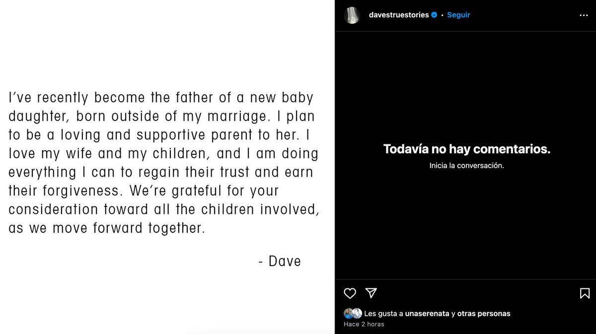 La publicación de Dave Grohl donde reveló que fue padre nuevamente de una mujer que no es su esposa. (Foto: captura de pantalla)