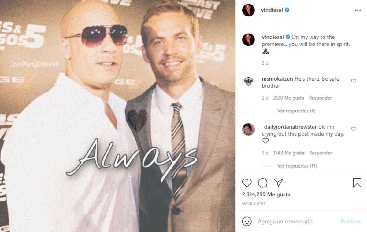 El posteo de Vin Diesel en Instagram recordando a Paul Walker en día del estreno de "Rápido y Furioso 9"