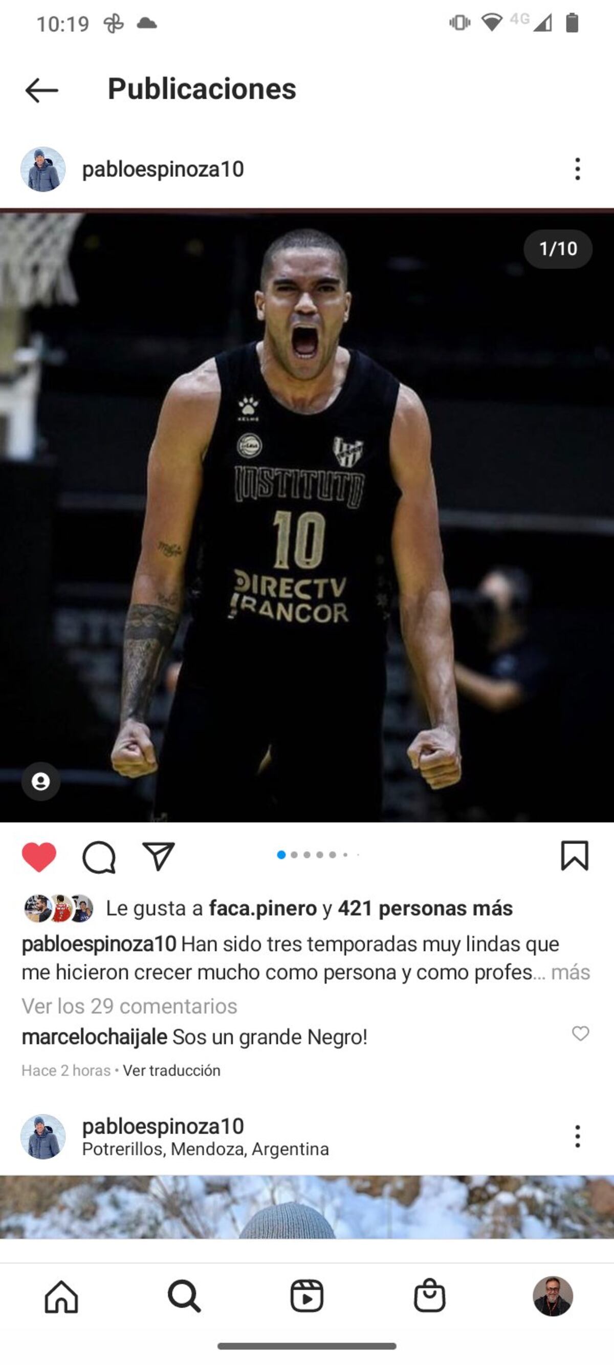 El posteo de Pablo Espinoza en Instagram en su despedida de Instituto.
