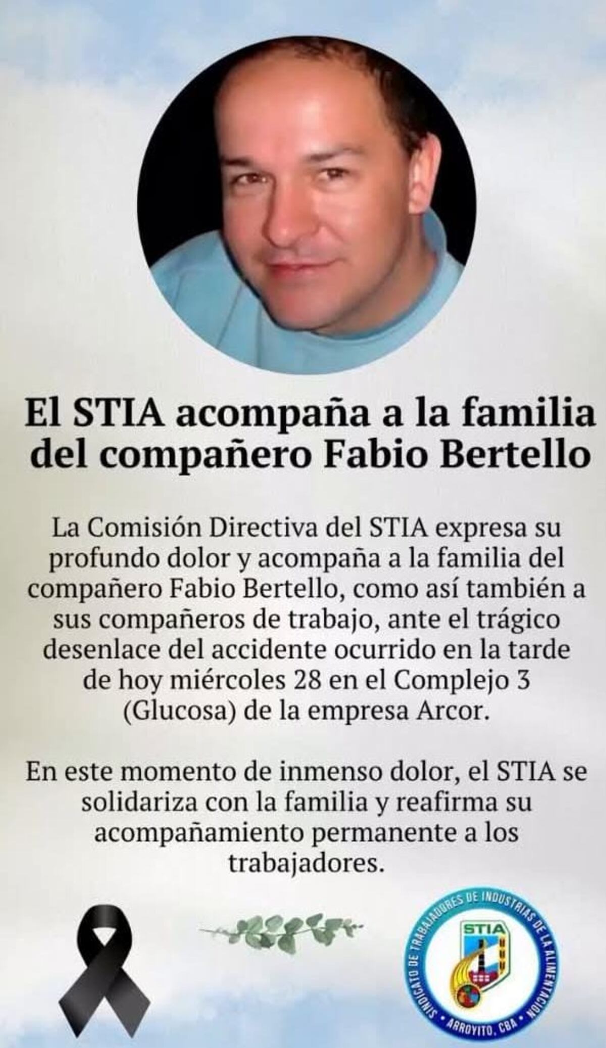 Murió un trabajador de 56 años tras caer de altura en la planta de Arcor en Arroyito. (STIA)