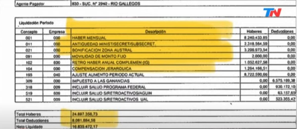 Recibo de la pensión de viuda percibida por Cristina Kirchner en noviembre. (Gentileza: TN)
