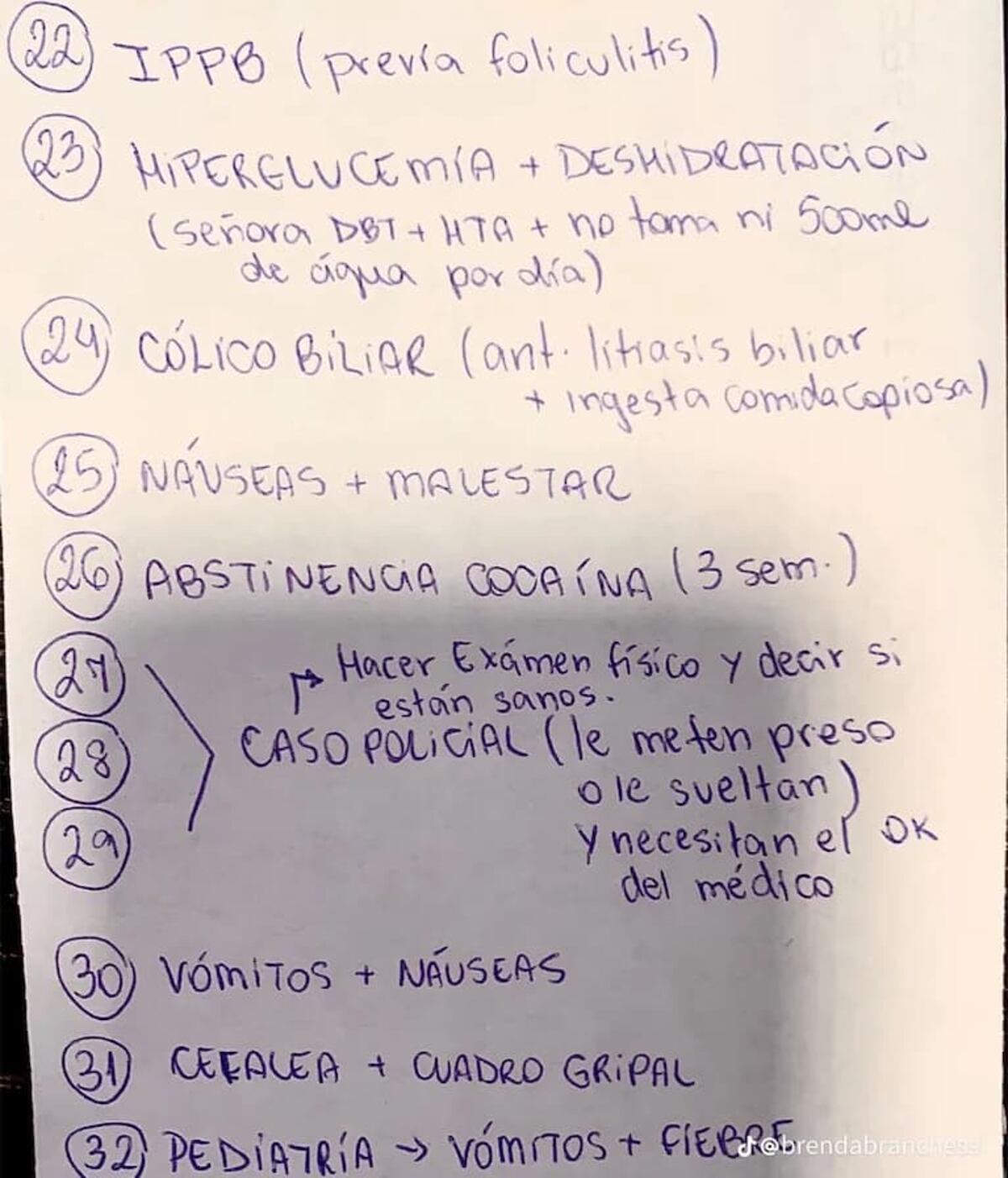La interminable lista de casos que atendió durante su guardia. (TikTok / @brendabranchessi)