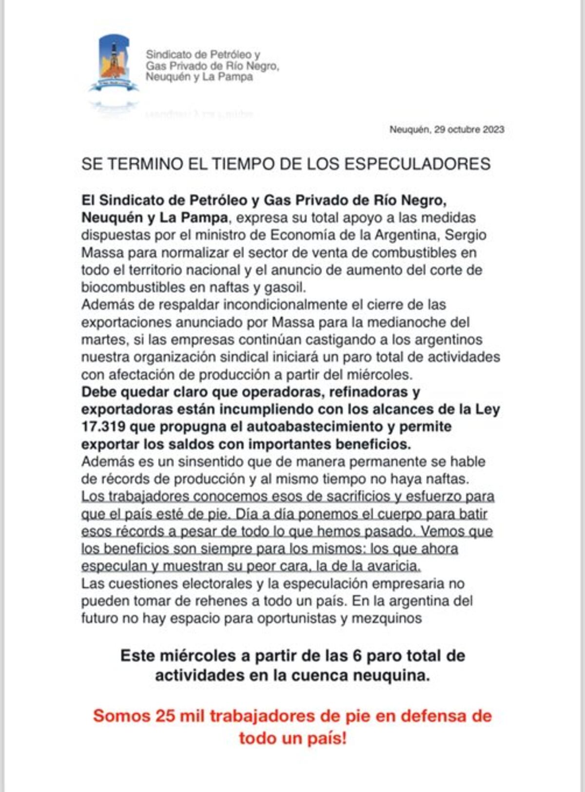 El comunicado de la Confederación Argentina de Trabajadores y Empleados de Hidrocarburos Energía Combustibles Derivados y Afines. Foto X / @CATHEDAINFORMES