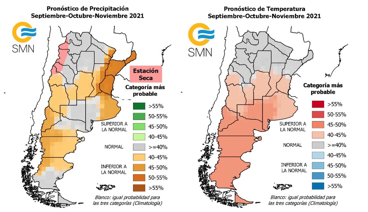 Lluvias y temperaturas previstas para el trimestre septiembre - octubre - noviembre (Servicio Meteorológico Nacional)