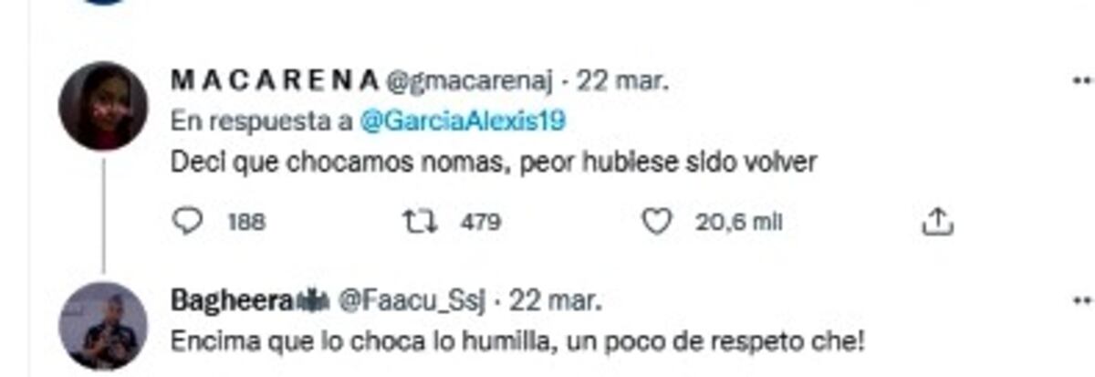 Chocó contra su ex, lo contó en redes y la respuesta de ella se volvió viral