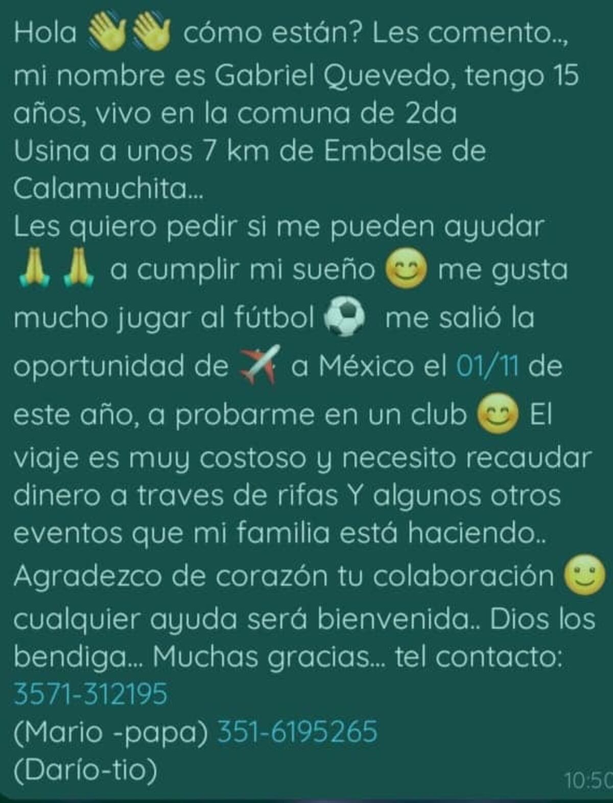 Gabriel Quevedo, el joven cordobés que hace una rifa para viajar a probar suerte en el fútbol de México.