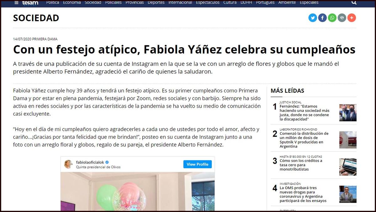 La agencia Télam sobre el cumpleaños de Fabiola Yañez, en 2020.