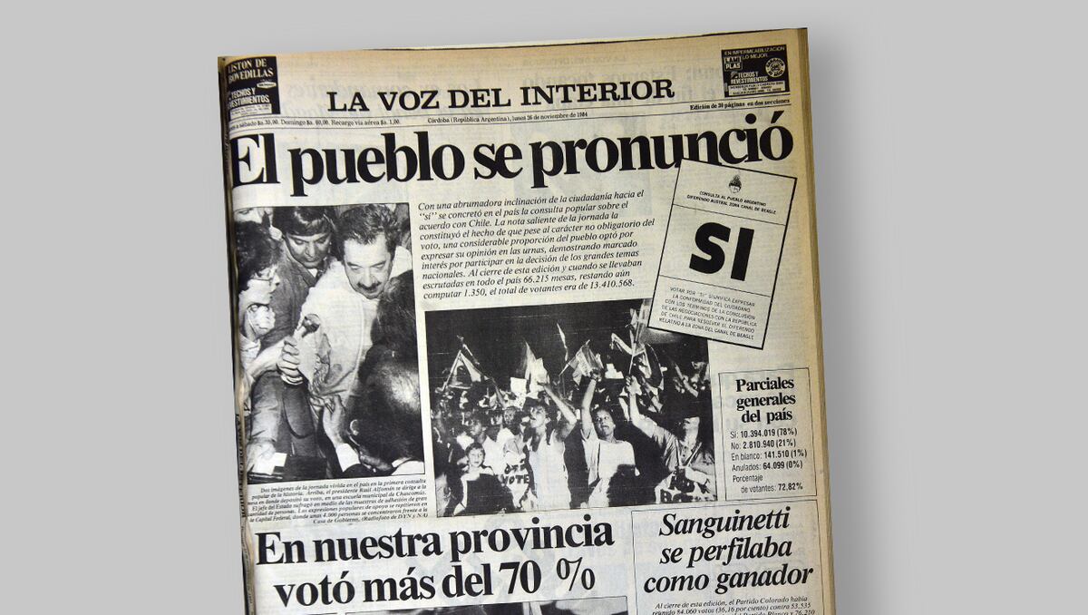 Tapa de La Voz del Interior del 26 de noviembre de 1984, plebiscito para resolver el Conflicto del Beagle.