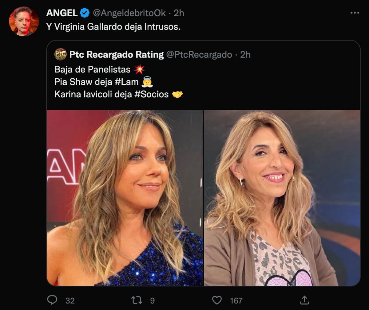 El tuit de Ángel de Brito informando que Virginia Gallardo deja "Intrusos".