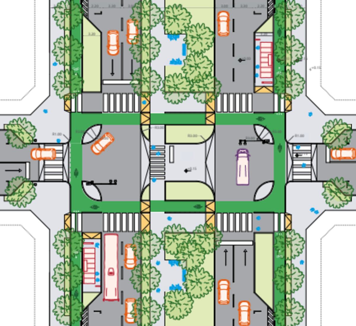Calle de Espacio Verde. Conecta la red vial con parques y corredores ambientales, incorporando bicisendas y franjas de vegetación.