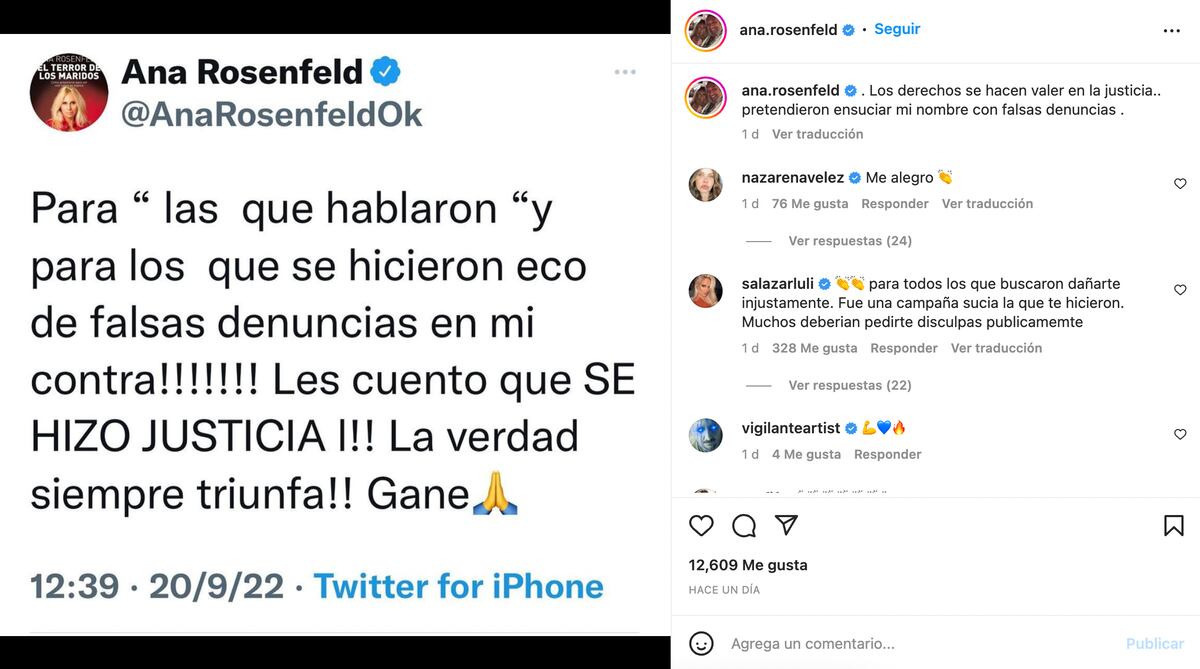 La publicación de Ana Rosenfeld en Instagram festejando su victoria judicial
