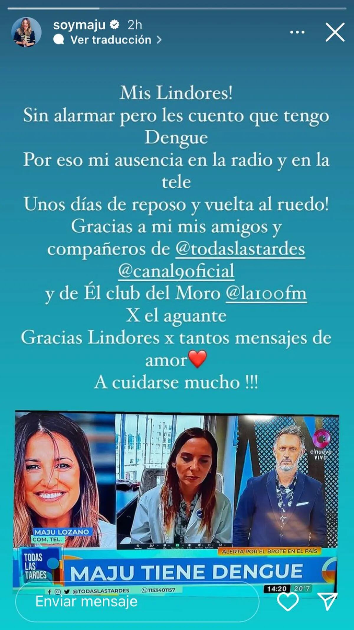 Maju Lozano compartió en Instagram la noticia de que tiene dengue.