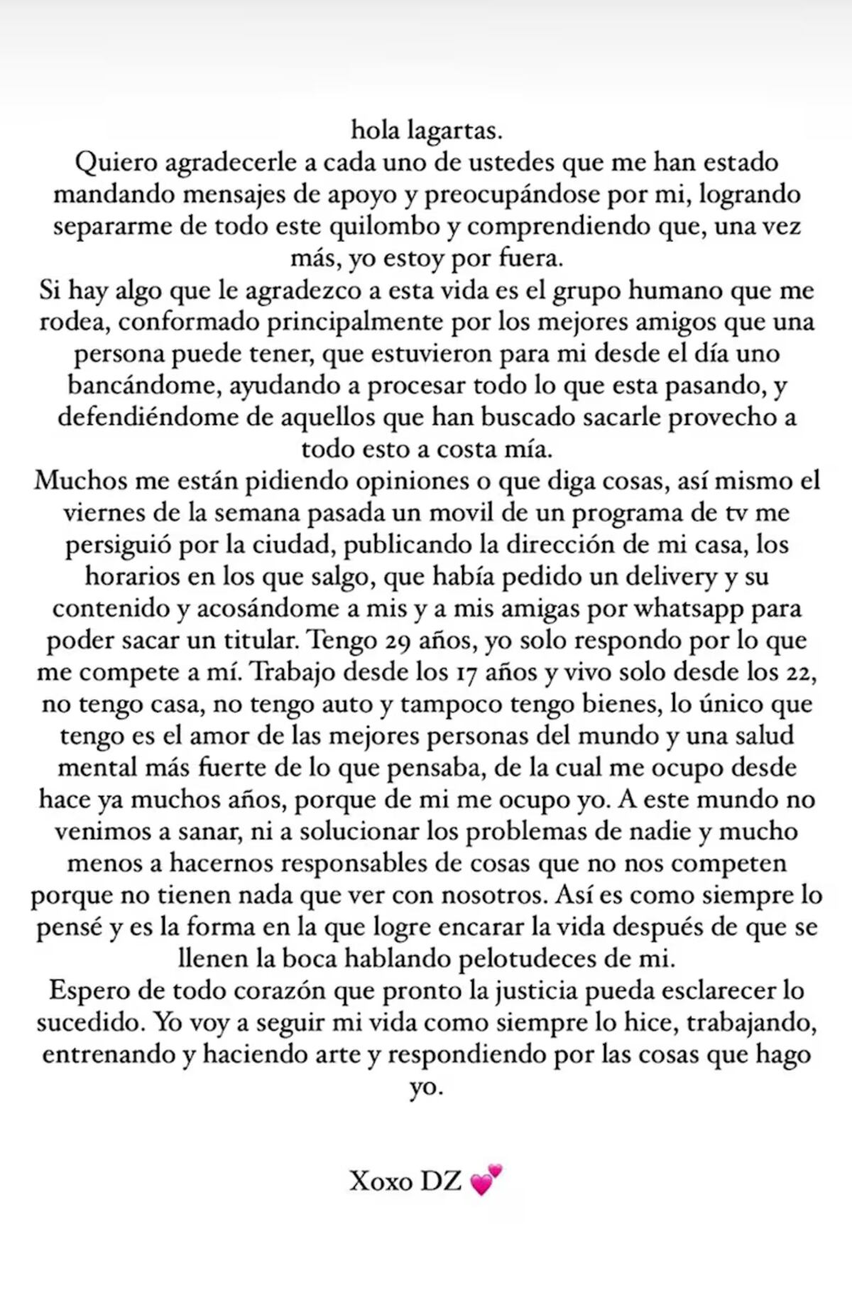 La carta del hijo de Alberto Fernández (Instagram).