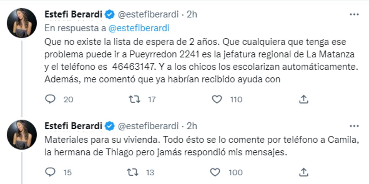 Estefi Berardi en Twitter sobre la familia de Thiago (Captura de pantalla)