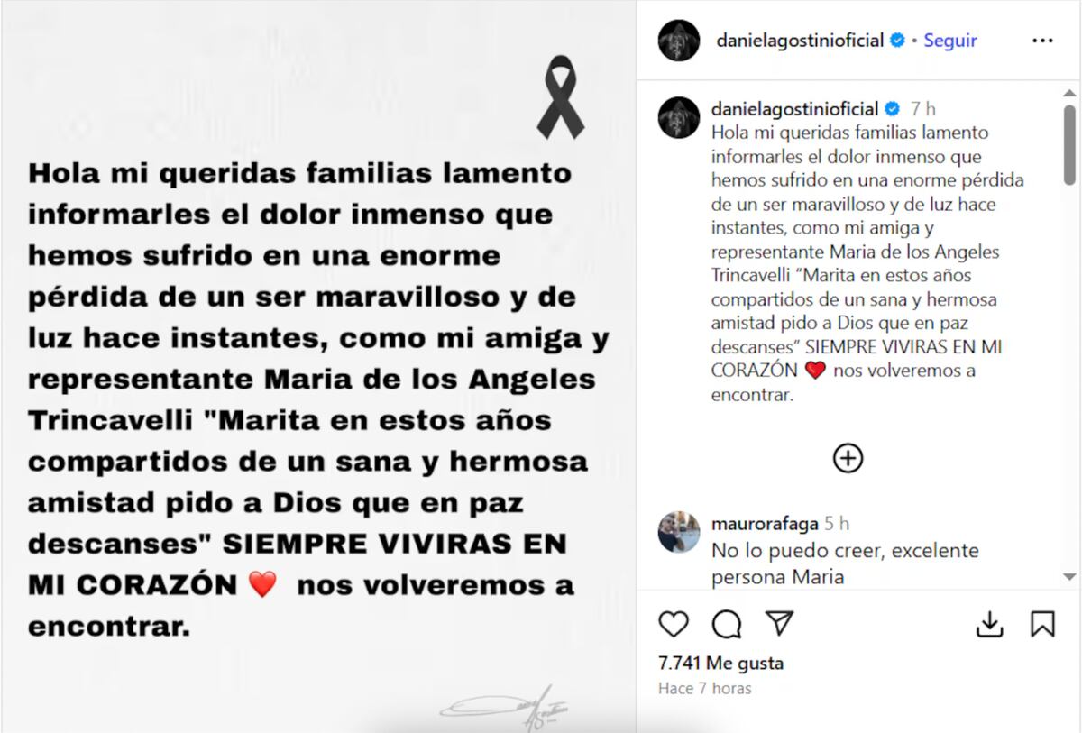 Daniel Agostini se despidió de Marita Trincavelli, su representante y amiga, en Instagram. (Foto: Captura de pantalla)
