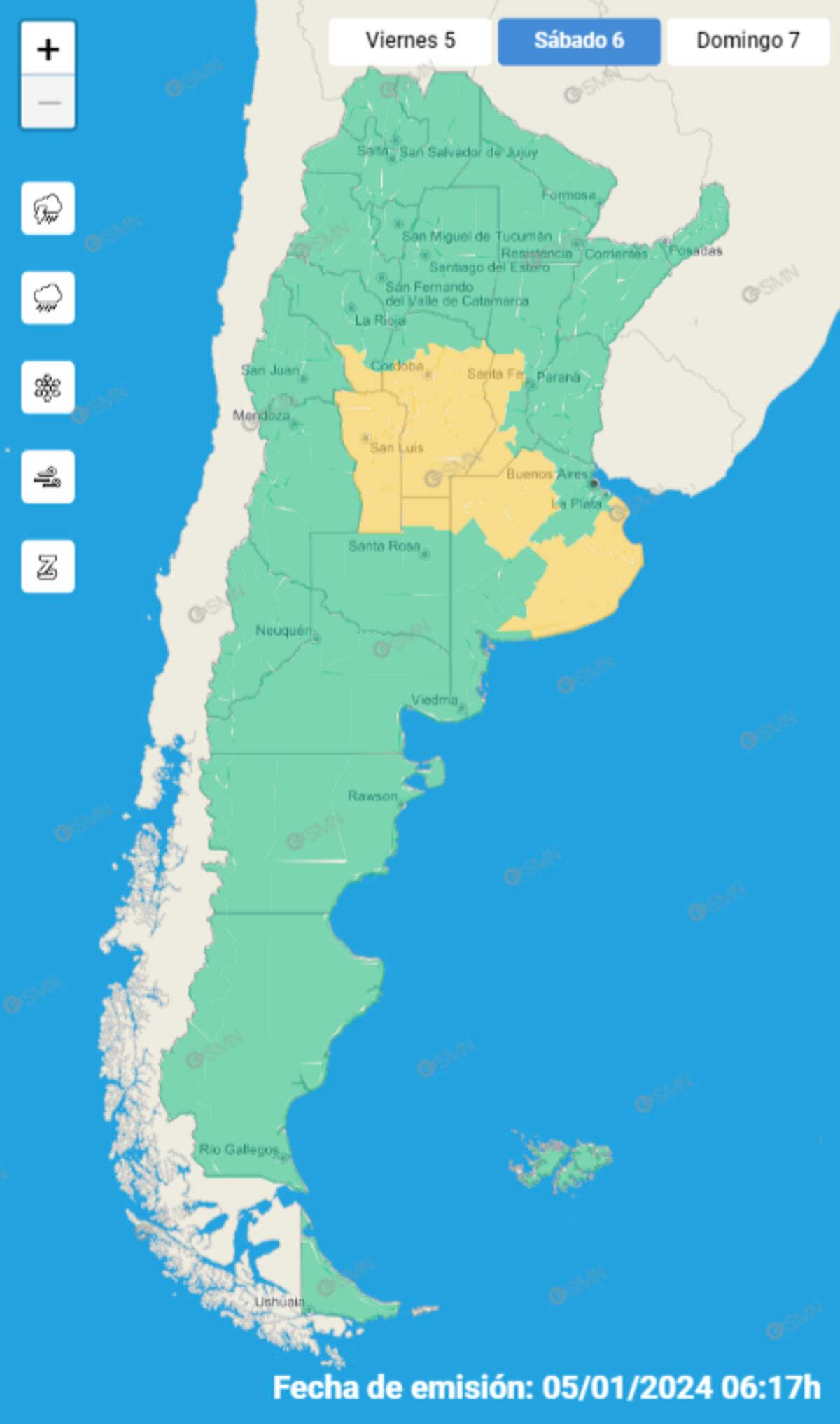 SMN. Alertas para el viernes 5, sábado 6 y domingo 7 de enero (Capturas).