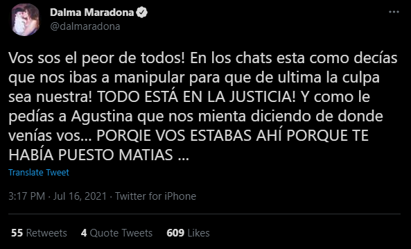 Segundo tuit de Dalma