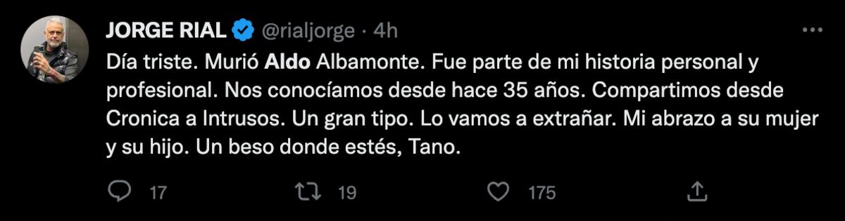 El tuit de Jorge Rial para despedir a Aldo Albamonte.